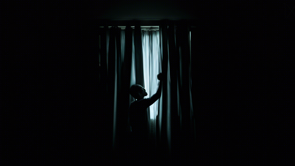 A person opening curtains against a dark background, revealing a bright light outside.