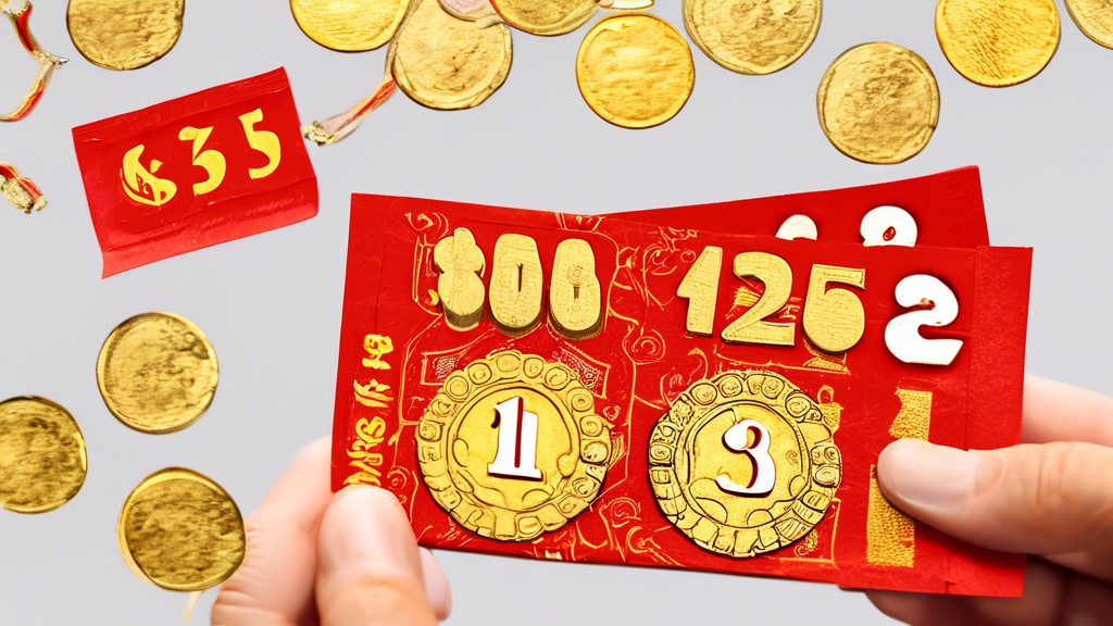 A hand holding a lottery ticket with the numbers 3, 1, 2, 3, 4, and 5 circled in red, surrounded by golden coins and red envelopes with gold ingots.