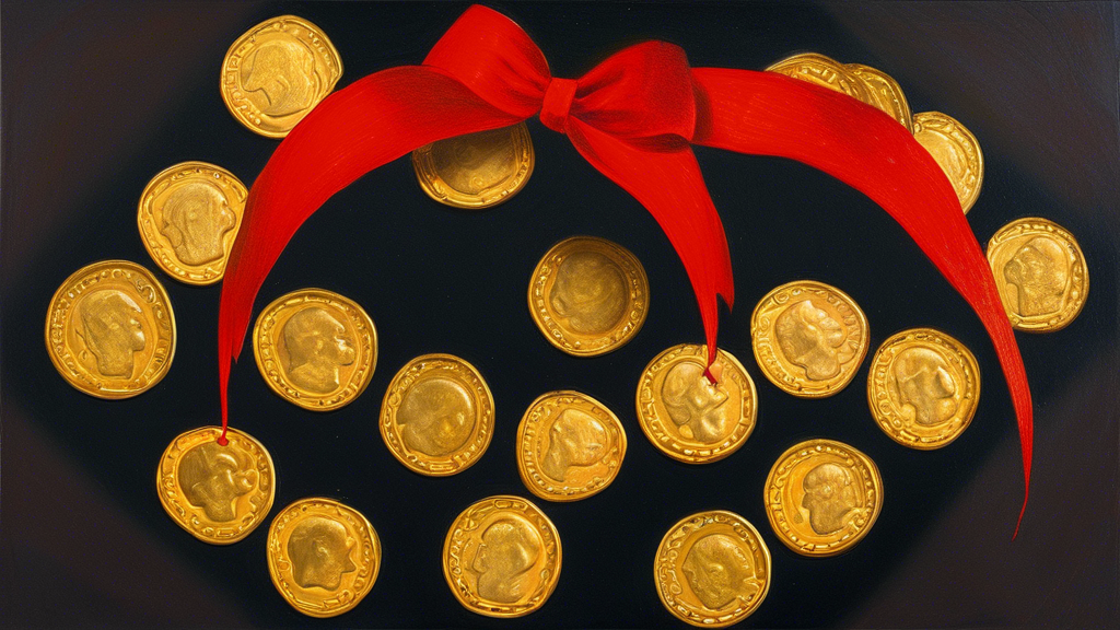 Painting of a group of golden coins arranged in a circle with a red ribbon.