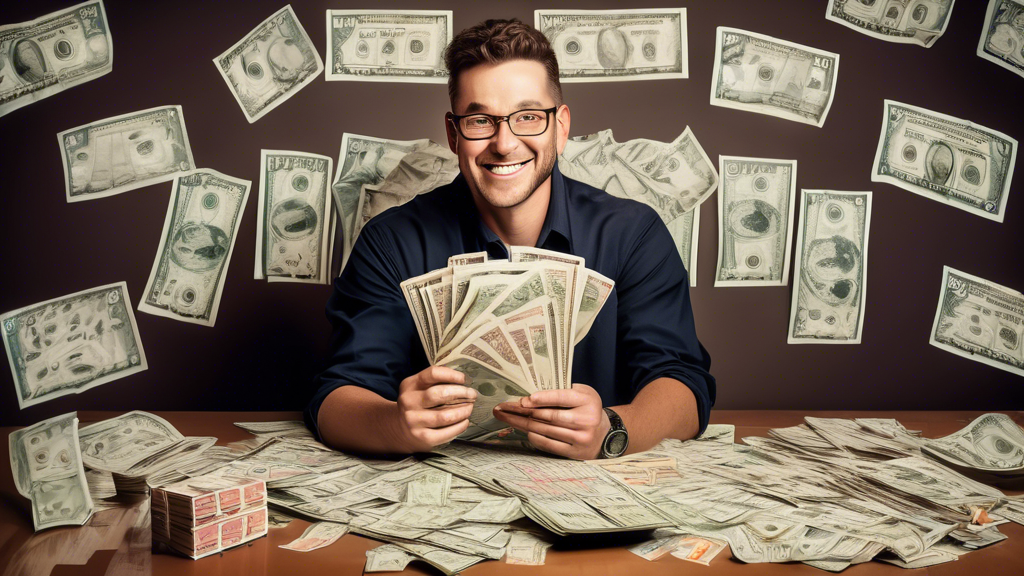 A triumphant lottery winner holding a large sum of money, while surrounded by charts and graphs representing the strategies and techniques used to achieve