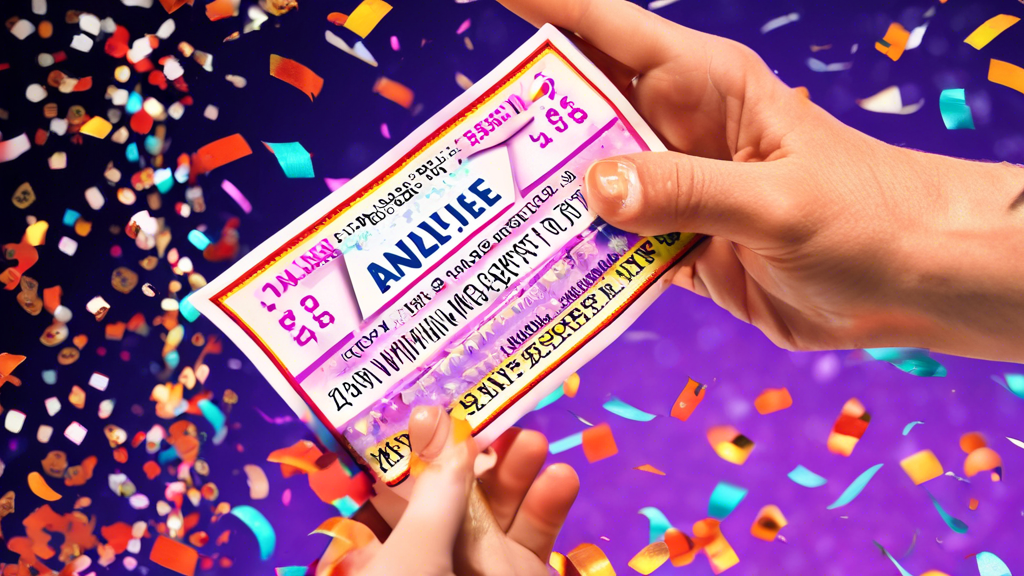 A hand holding a lottery ticket with a winning combination of numbers. The background is filled with confetti and sparkles. The text Analyze the lottery to